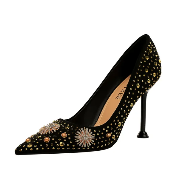Vintage Schwarz Abend Pumps 2020 Perle Strass 9 cm Stilettos Spitzschuh Pumps
