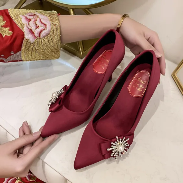 Elegancka Kość Słoniowa Buty Ślubne 2020 Satyna Perła Rhinestone Kokarda 9 cm Szpilki Szpiczaste Ślub Czółenka