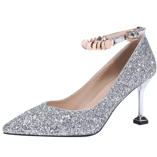 Sparkly Sølv Paljetter Brudesko 2020 Ankelstropp 8 cm Stiletthæler Spisse Bryllup Pumps