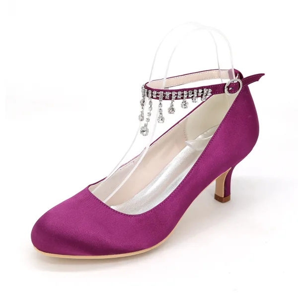 Stijlvolle Witte Bruidsschoenen 2020 Satijn Rhinestone Enkelband 6 cm Naaldhakken / Stiletto Spitse Neus Huwelijk Pumps