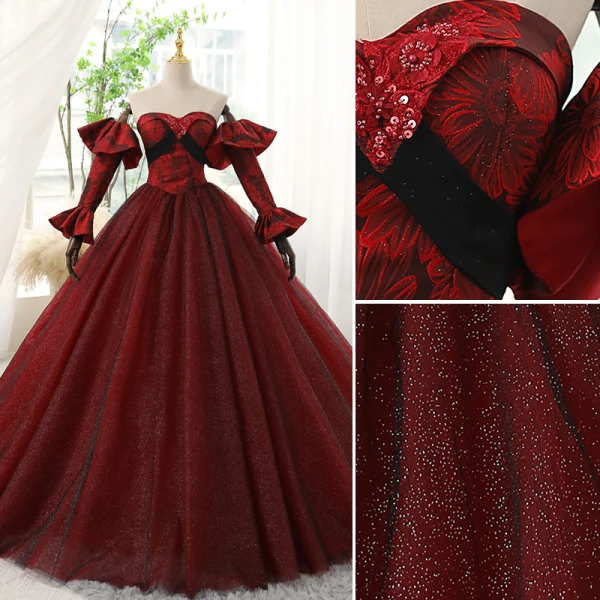 Charming Burgundy Glitter Prom Dresses 2023 Ball Gown Strapless Bell sleeves Backless Floor-Length / Long Prom Formal Dresses