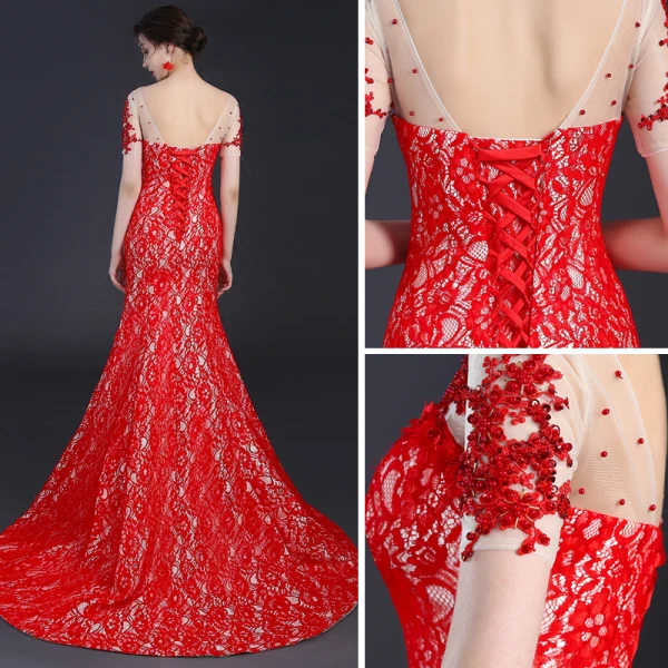Style Chinois Rouge Transparentes Robe De Soirée 2018 Trompette / Sirène Encolure Dégagée Manches Courtes Paillettes Perlage Tribunal Train Dos Nu Robe De Ceremonie