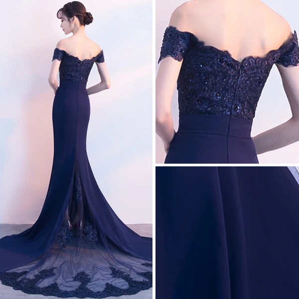 Charmant Bleu Marine Robe De Soirée 2018 Trompette / Sirène De l'épaule Manches Courtes Appliques En Dentelle Perlage Chapel Train Dos Nu Robe De Ceremonie