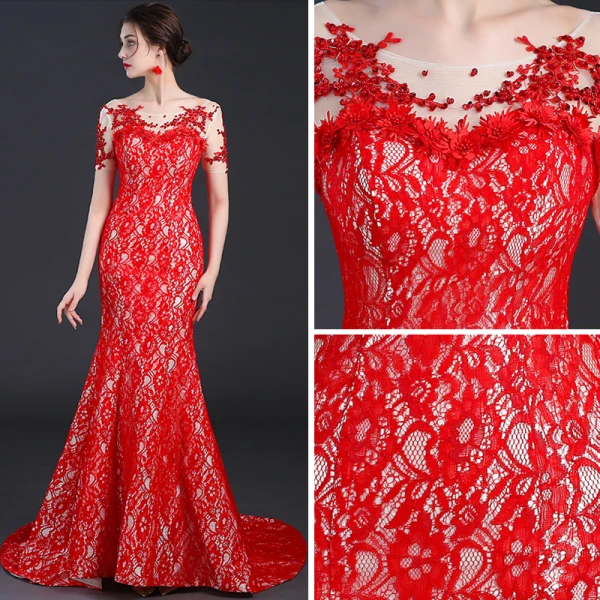 Style Chinois Rouge Transparentes Robe De Soirée 2018 Trompette / Sirène Encolure Dégagée Manches Courtes Paillettes Perlage Tribunal Train Dos Nu Robe De Ceremonie