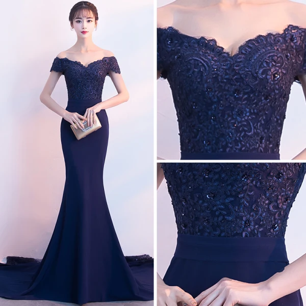 Charmant Bleu Marine Robe De Soirée 2018 Trompette / Sirène De l'épaule Manches Courtes Appliques En Dentelle Perlage Chapel Train Dos Nu Robe De Ceremonie