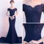Charmant Bleu Marine Robe De Soirée 2018 Trompette / Sirène De l'épaule Manches Courtes Appliques En Dentelle Perlage Chapel Train Dos Nu Robe De Ceremonie