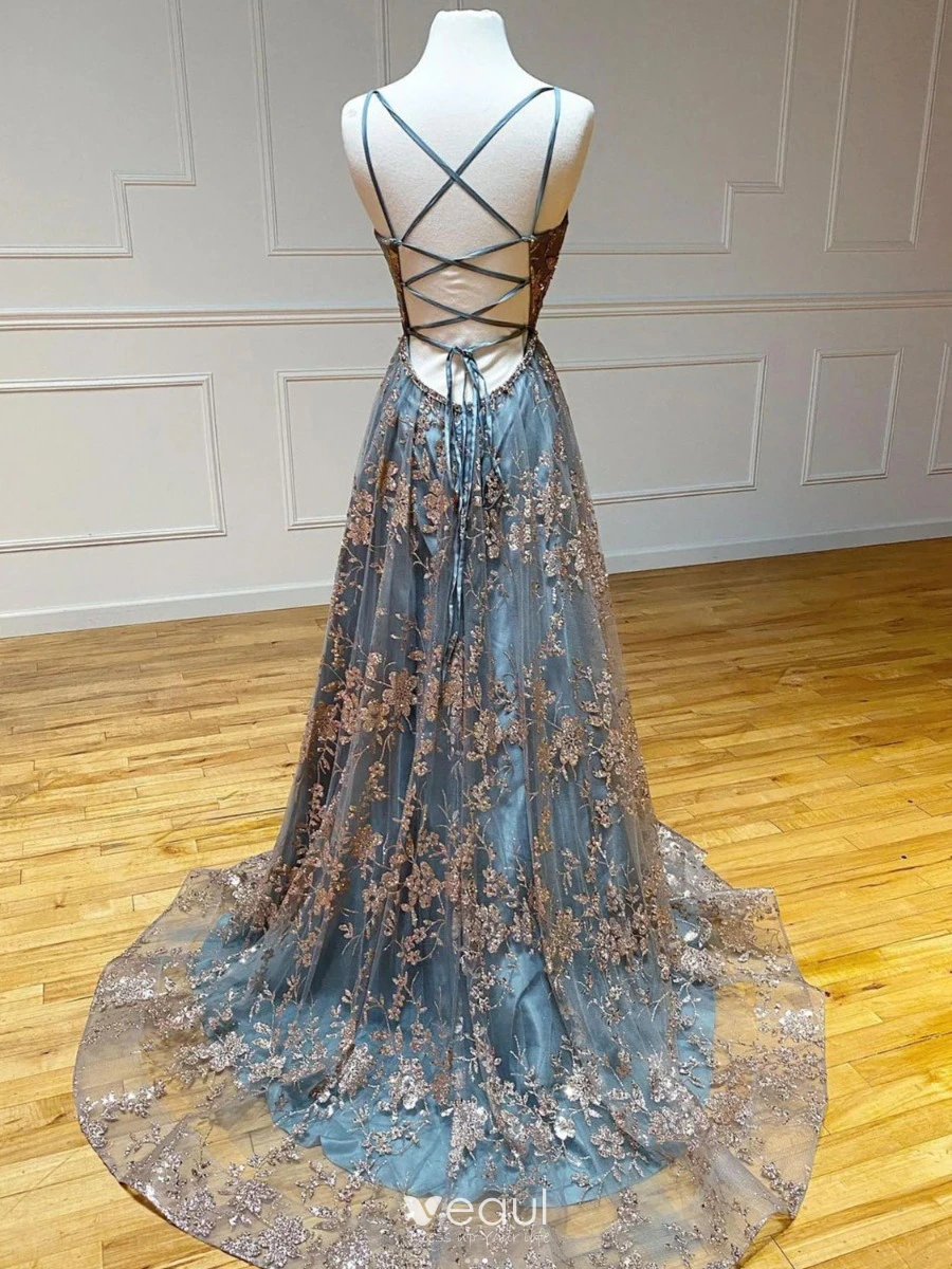 Red Prom Dress Charming Grey Beading Sequins Flower Prom Dresses 2024  A-Line Princess Spaghetti Straps Sleeveless Backless Sweep Train Formal  Dresses