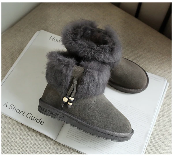 Mote Kvinners støvler 2017 Grå Lær Ankel Suede Casual Vinter Flate Snow Boots