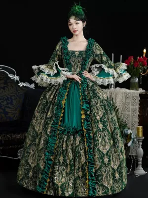 Vintage Originale Médiévale Vert Foncé Robe De Bal 2024 Bretelles Croisées Longue Dentelle U Cou Princesse Cosplay Robe Boule Promo Robe De Ceremonie