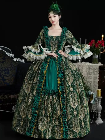 Vintage Originale Médiévale Vert Foncé Robe De Bal 2024 Bretelles Croisées Longue Dentelle U Cou Princesse Cosplay Robe Boule Promo Robe De Ceremonie