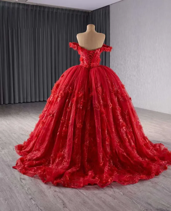 Stunning Red Wedding Dresses 2024 Crossed Straps 3D Lace Flower Tulle Off-The-Shoulder Sleeveless Floor-Length / Long Bridal Ball Gown