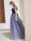 Vintage / Retro Glitter Navy Blue Prom Dresses 2024 A-Line / Princess Square Neckline Puffy Short Sleeve Backless Bow Floor-Length / Long Formal Dresses