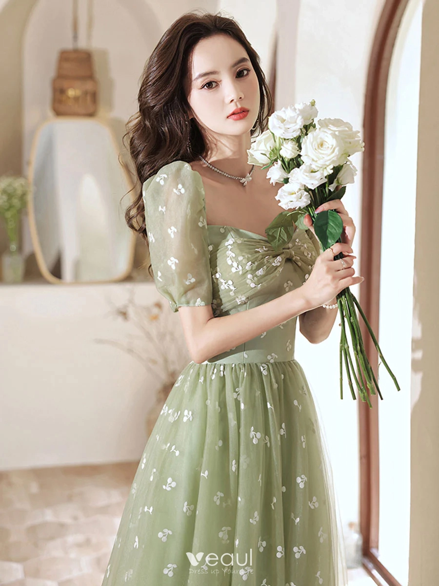Chic / Beautiful Sage Green Floral Prom Dresses 2024 A-Line / Princess Square Neckline Short Sleeve Backless Floor-Length / Long Formal Dresses