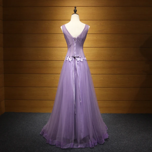 Chic / Beautiful Lavender Evening Dresses  2017 A-Line / Princess V-Neck Tulle Appliques Backless Beading Sequins Evening Party Formal Dresses
