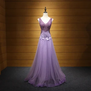 Chic Beautiful Lavender Evening Dresses 2017 A Line Princess V Neck Tulle Appliques Backless Beading Sequins Evening Party Formal Dresses