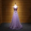 Chic / Beautiful Lavender Evening Dresses  2017 A-Line / Princess V-Neck Tulle Appliques Backless Beading Sequins Evening Party Formal Dresses