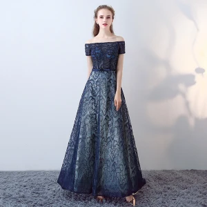 Chic Belle Bleu Marine Robe De Bal 2017 Bustier En Dentelle Appliques Dos Nu Brodé Lanières Impression Robe De Soirée