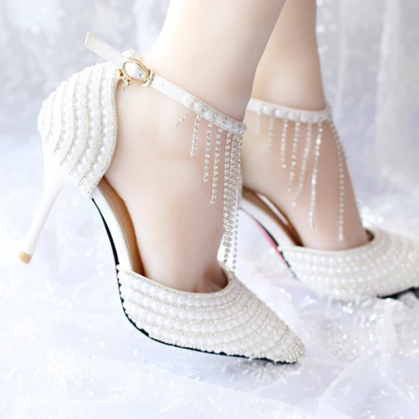 Schöne Weiß 2018 Hochzeit 9 cm Spitzschuh Ball Perlenstickerei Kristall Strass Hochhackige Stilettos Brautschuhe