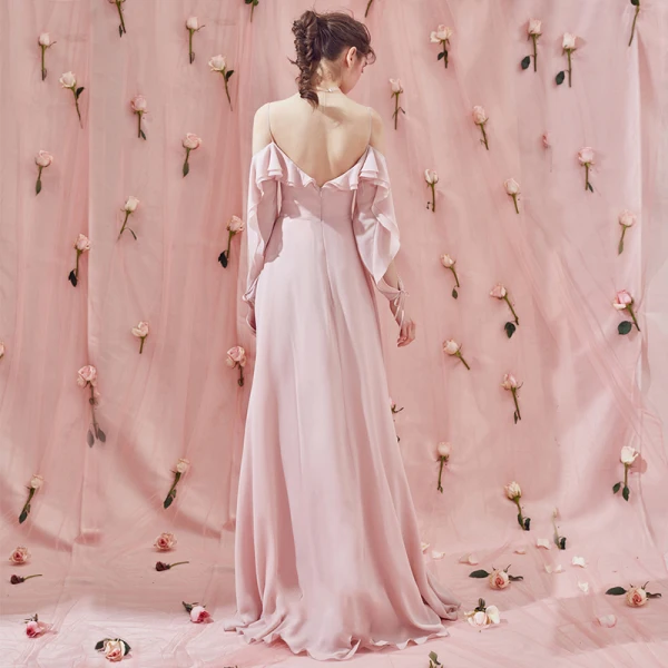 Amazing / Unique Sweep Train Blushing Pink Evening Dresses 2018 A-Line / Princess V-Neck Chiffon Long Sleeve Puffy Backless Formal Dresses