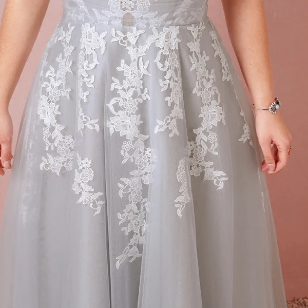 Charming Grey Plus Size Evening Dresses 2018 A-Line / Princess V-Neck Tulle Lace-up Appliques Backless Summer Short Sleeve Evening Party Formal Dresses