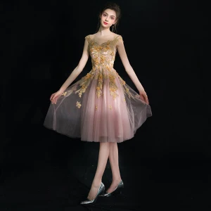Unique Rougissant Rose Courte Robe De Graduation 2018 Appliques Dos Nu Cristal Tulle V Cou Soirée Sans Manches Princesse Robe De Ceremonie