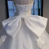 Luxury / Gorgeous White Cathedral Train Wedding 2018 Crossed Straps Lace-up Tulle Backless Beading Embroidered Ball Gown Wedding Dresses