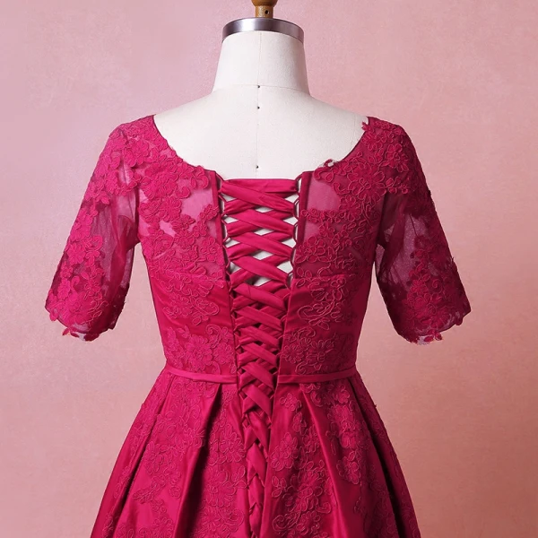 Modest / Simple Burgundy Plus Size Evening Dresses  2018 A-Line / Princess 1/2 Sleeves Lace Tulle U-Neck Appliques Backless Evening Party Formal Dresses
