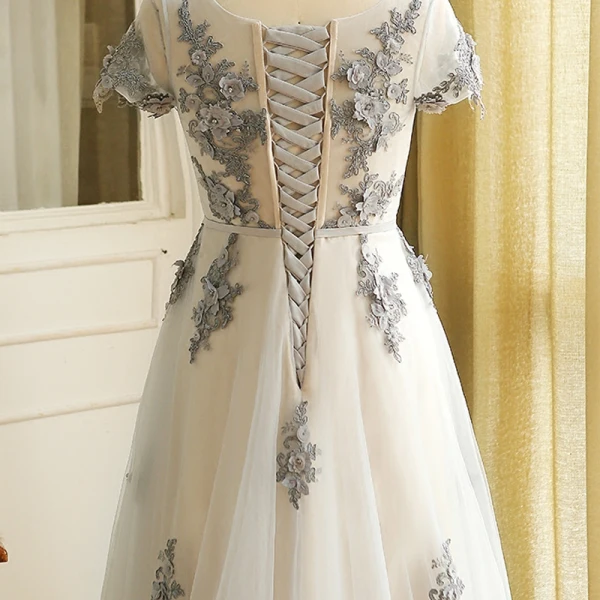 Luxury / Gorgeous Grey Plus Size Evening Dresses 2018 A-Line / Princess U-Neck Tulle Lace-up Ankle Strap Appliques Backless Evening Party Prom Dresses