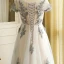 Luxury / Gorgeous Grey Plus Size Evening Dresses  2018 A-Line / Princess U-Neck Tulle Lace-up Ankle Strap Appliques Backless Evening Party Prom Dresses