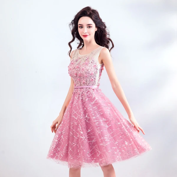 Chic / Beautiful Candy Pink Graduation Dresses 2018 A-Line / Princess U-Neck Tulle Appliques Beading Feather Sequins Homecoming Cocktail Party Formal Dresses