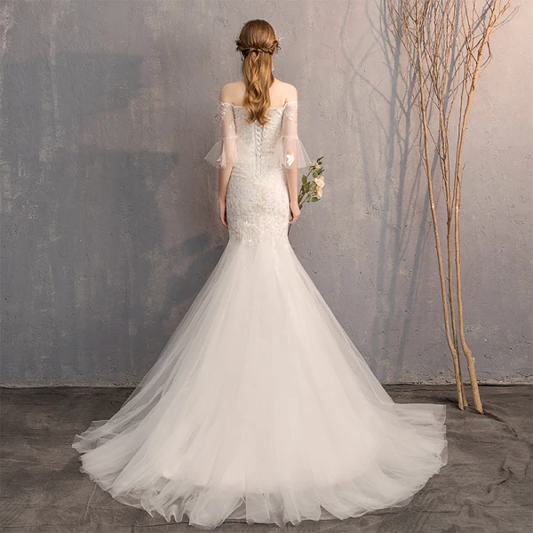 Amazing / Unique White Trumpet / Mermaid Wedding Dresses 2019 Lace Tulle Appliques Backless Embroidered Strapless Court Train Church Wedding