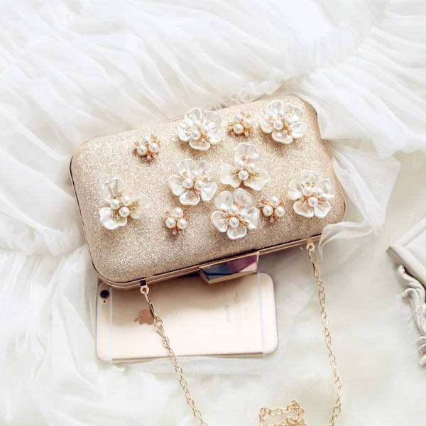 Chic / Beautiful Gold Clutch Bags Beading Flower Pearl Rhinestone Wedding Evening Party Accessories 2019