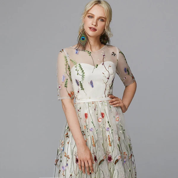 Blumenfee Schwarz Abendkleider 2020 A Linie 1/2 Ärmel U-Ausschnitt Wadenlang Perlenstickerei Blumen Schmetterling Applikationen Cocktail Abend Festliche Kleider