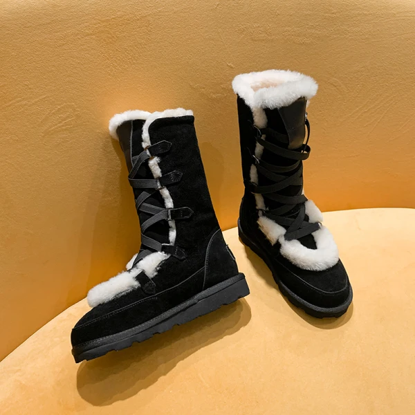 Klassieke Twee kleuren Zwarte Snowboots 2020 Suede X-Strap Winter Wollen Leer Mid Kalf Toevallig Tuin / Outdoor Ronde Neus Dames Laarzen