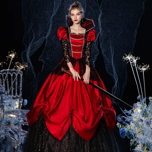 Vintage / Retro Medieval Gothic Bling Bling Red Ball Gown Prom Dresses 2021 Long Sleeve Square Neckline Floor-Length / Long Beading Flower Sequins Lace Cosplay Prom Formal Dresses