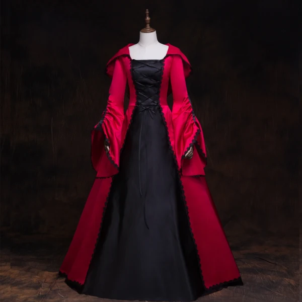 Vintage / Retro Medieval Gothic Red Black Ball Gown Prom Dresses 2021 Square Neckline Long Sleeve Floor-Length / Long Lace Satin Cosplay Prom Formal Dresses