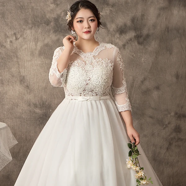 Unique Weiß Übergröße Ballkleid Brautkleider / Hochzeitskleider 2019 Tülle Spitze U-Ausschnitt Applikationen Rückenfreies Handgefertigt Kapelle-Schleppe Hochzeit