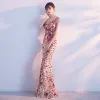 Chic / Belle 2017 Robe De Soirée Rouge Trompette / Sirène Soirée Paillettes Fait main V-Cou de retour Robe De Ceremonie