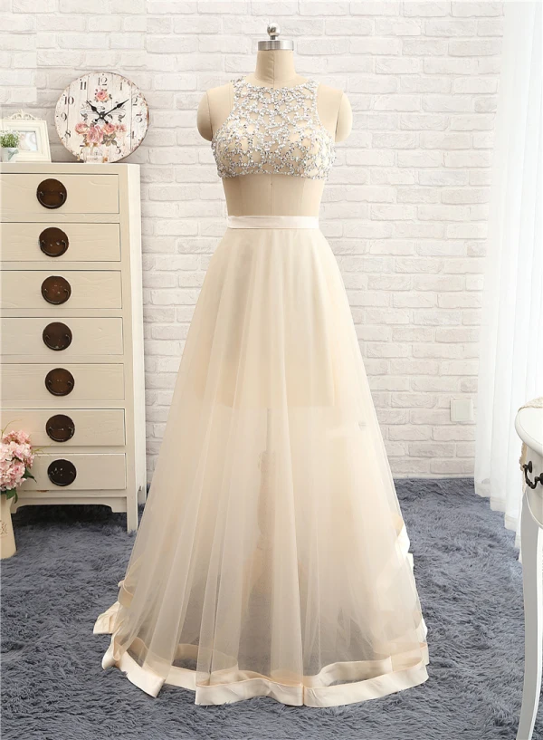 Sparkly 2 Piece Prom Dresses 2017 A-Line Princess Scoop Neck Sleeveless Champagne Ruffle