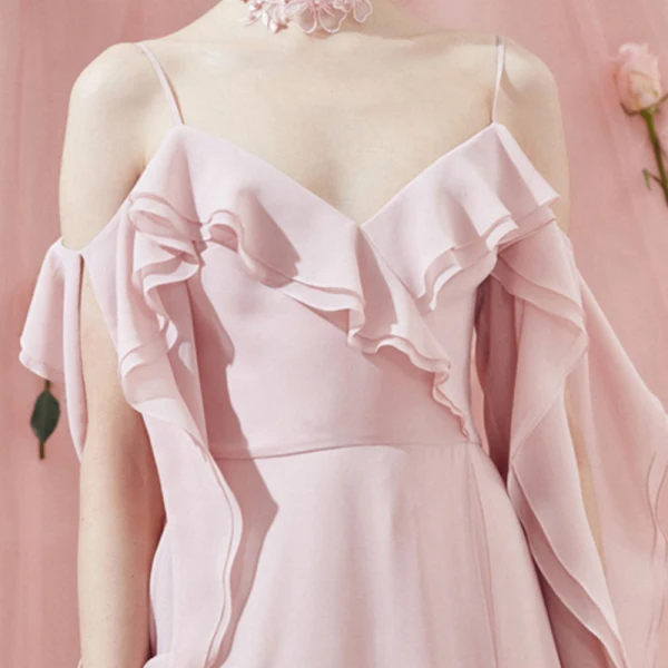 Amazing / Unique Sweep Train Blushing Pink Evening Dresses 2018 A-Line / Princess V-Neck Chiffon Long Sleeve Puffy Backless Formal Dresses