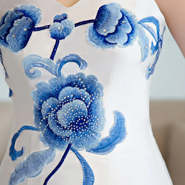Chinese style Royal Blue Chapel Train Evening Dresses  2018 Trumpet / Mermaid Charmeuse Appliques Printing Strapless Evening Party Formal Dresses