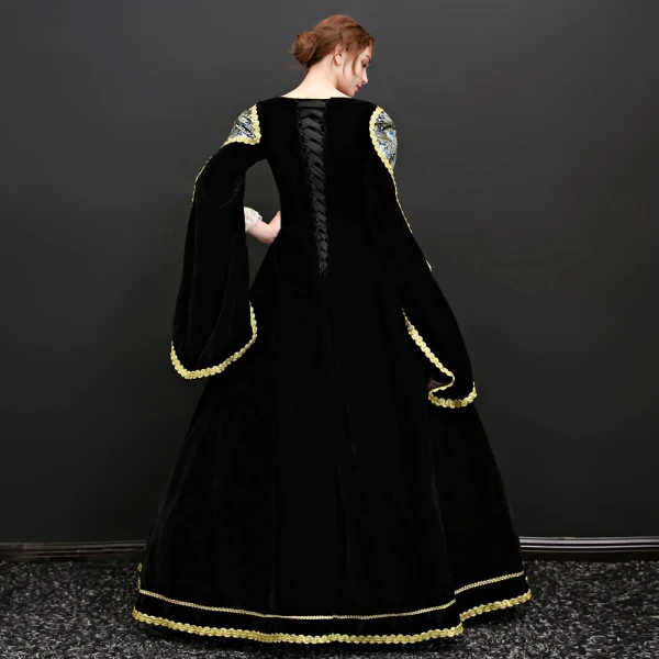 Vintage / Retro Black Floor-Length / Long Prom Dresses 2018 Lace-up 3/4 Sleeve U-Neck Printing Prom Ball Gown Evening Dresses