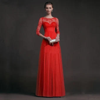 Sexy Red Floor Length Long Maxi Dresses 2018 A Line Princess 3 4 Sleeve Zipper Up U Neck Lace Pierced Chiffon Fall Street Wear Womens Clothing
