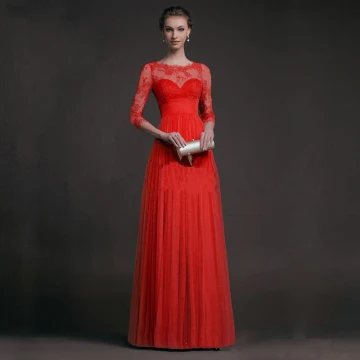 Sexy Rouge Longue Robes Longues 2018 Princesse 3 4 Manches Fermeture Éclair U Cou En Dentelle Percé Chiffon Tomber Vêtement De Rue Vêtements Femme