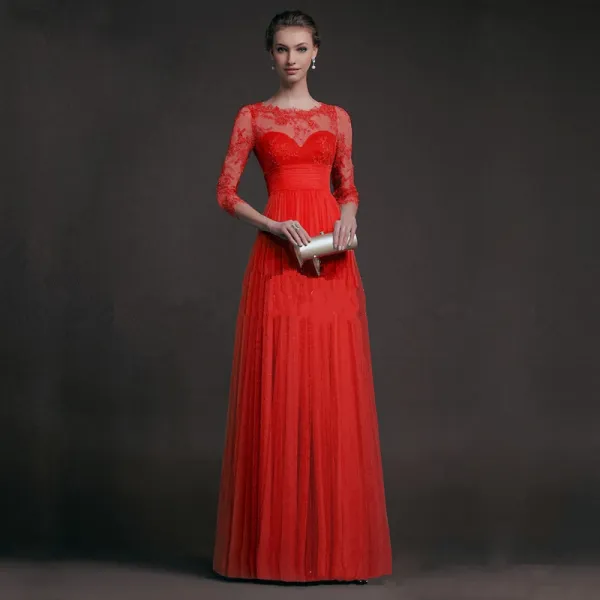 Sexy Red Floor-Length / Long Maxi Dresses 2018 A-Line / Princess 3/4 Sleeve Zipper Up U-Neck Lace Pierced Chiffon Fall Street Wear Womens Clothing