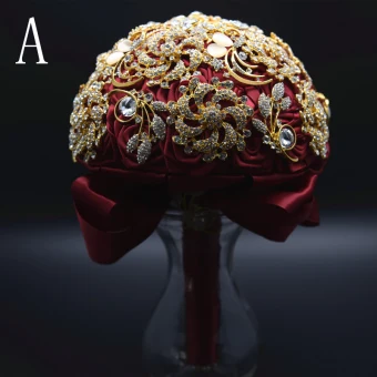 Moderne Mode Rouge Métal Mariage Fleur 2019 Perlage Cristal Faux Diamant Bouquet De Mariée
