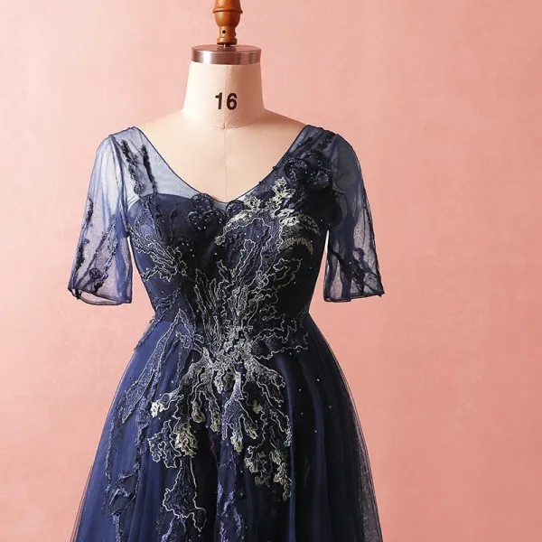 Veaul Modest Simple Navy Blue Plus Size Evening Dresses 2018 Summer V Neck 1 2 Sleeves A Line