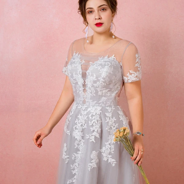 Charming Grey Plus Size Evening Dresses 2018 A-Line / Princess V-Neck Tulle Lace-up Appliques Backless Summer Short Sleeve Evening Party Formal Dresses
