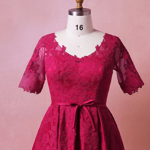 Modest / Simple Burgundy Plus Size Evening Dresses  2018 A-Line / Princess 1/2 Sleeves Lace Tulle U-Neck Appliques Backless Evening Party Formal Dresses
