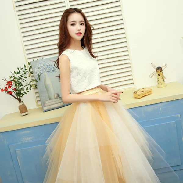 2 Piece Gold Prom Dresses 2017 A-Line / Princess U-Neck Tulle Sleeveless Embroidered Evening Party Formal Dresses